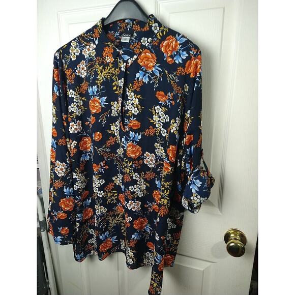 Simply Emma Woman 2X Blouse Blue Orange Floral Roll Tab Collared Button Front - Picture 2 of 10